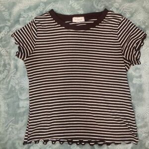 Heart Hips Brown & White Striped Short Sleeve Tee with Ruffle Edges